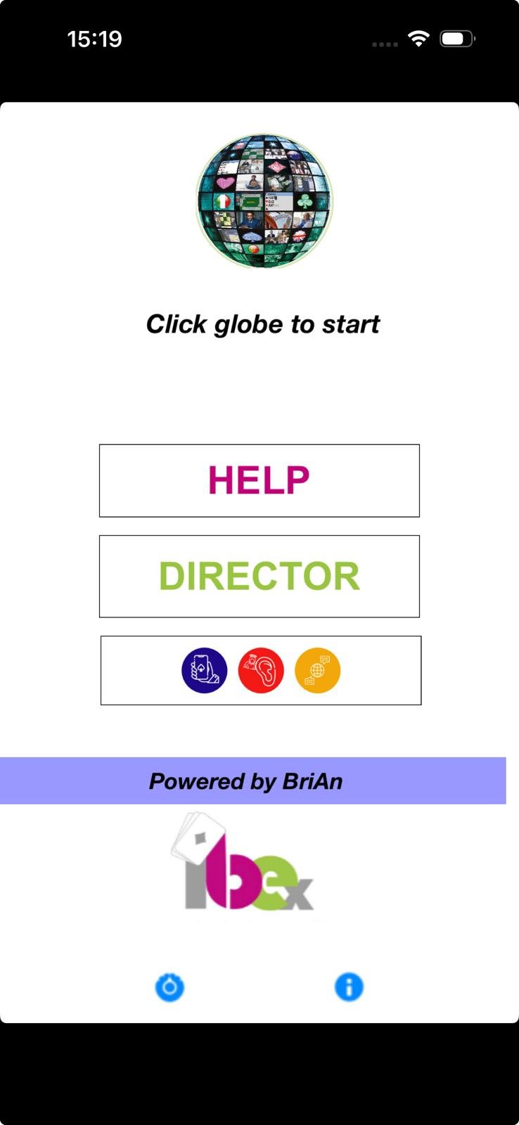 The IBEScore app front screen on a phone, with the globe to tap, HELP and DIRECTOR buttons